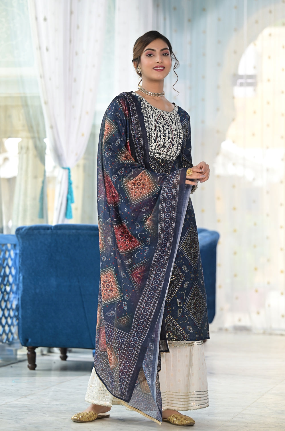 Bandhani Silk Blend Sharara 3-piece Set in Reddish Maroon