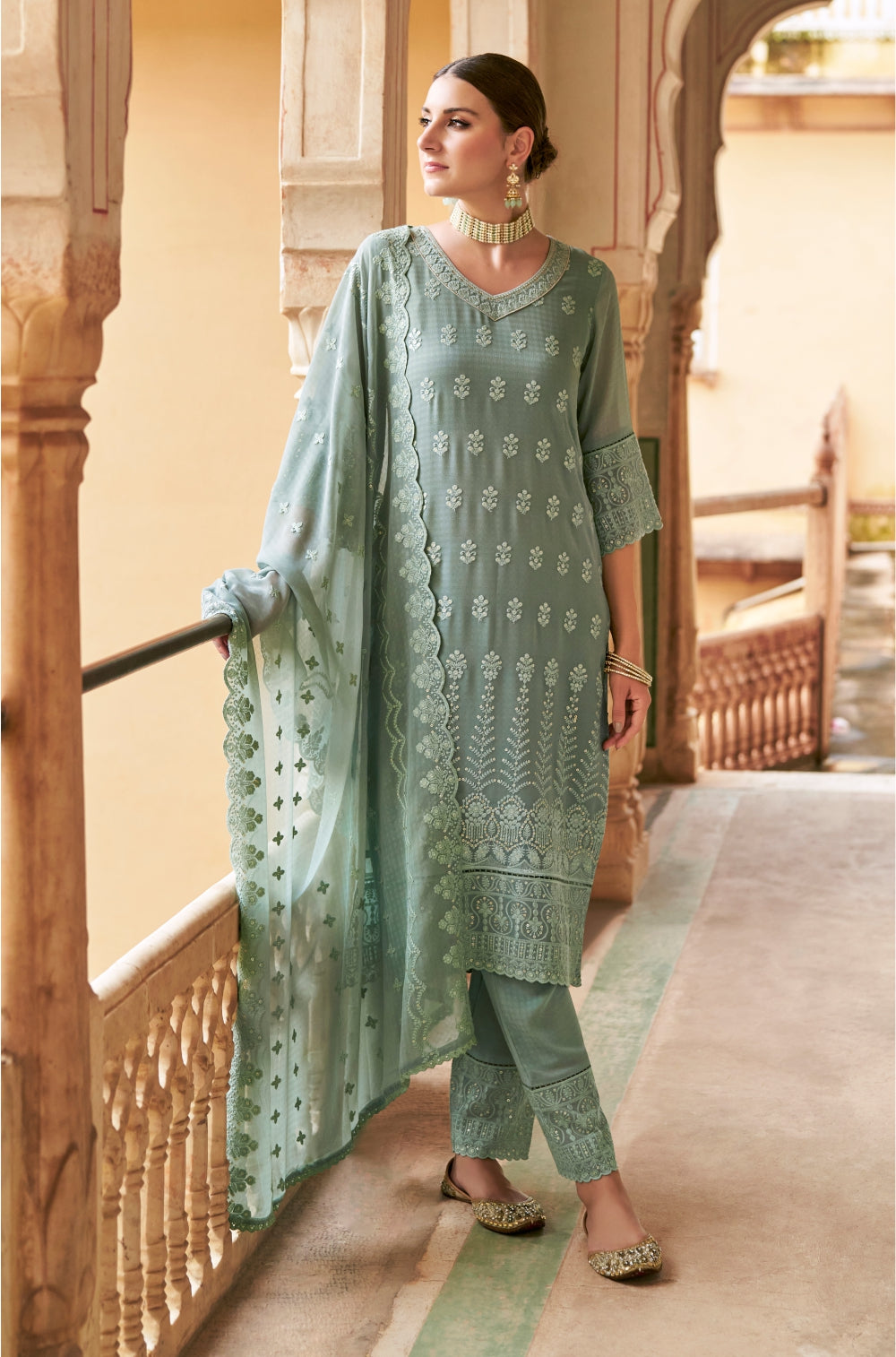 3-piece Olieve green Kurta Set with Embroidered Sequins & Mulmul Lining