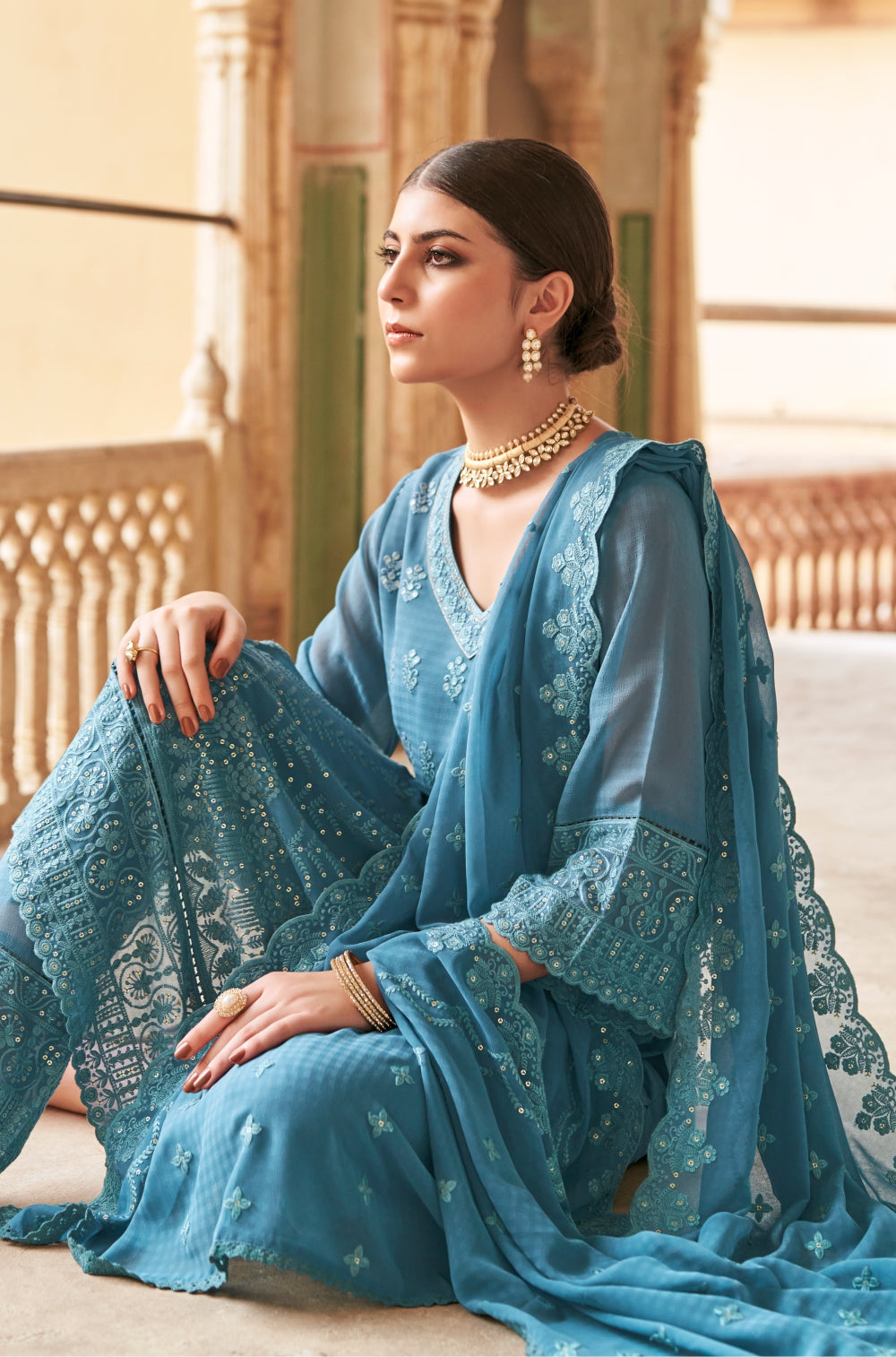 3-piece Teal Georgette Kurta Set with Mulmul Lining & Sequins