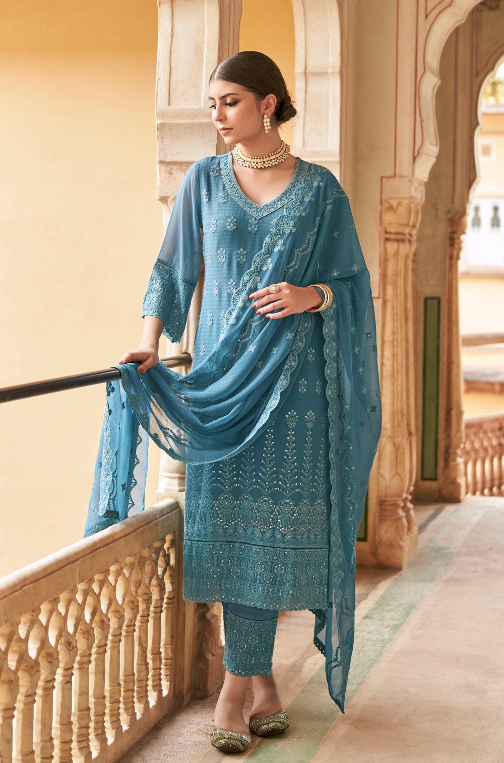 3-piece Teal Georgette Kurta Set with Mulmul Lining & Sequins