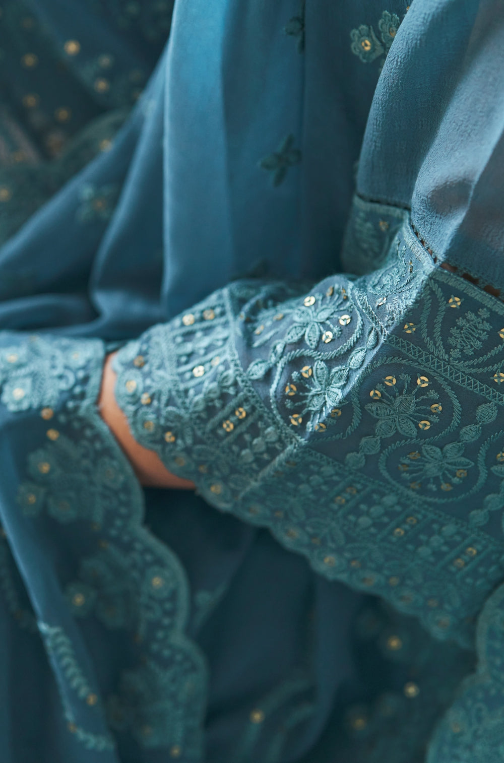 3-piece Teal Georgette Kurta Set with Mulmul Lining & Sequins