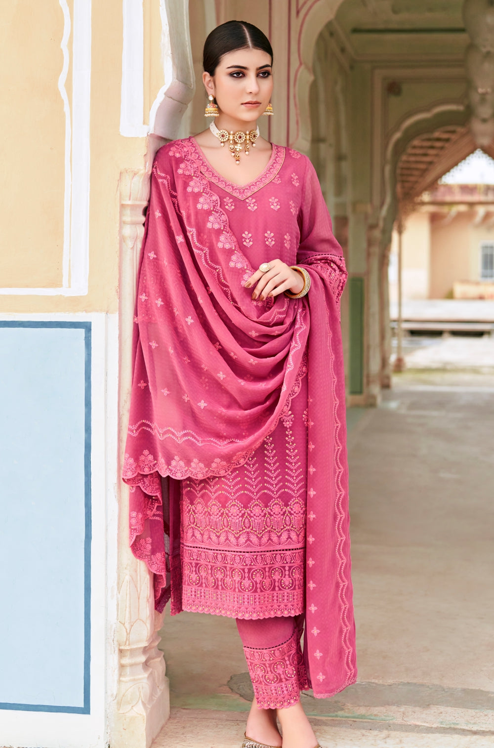 Coral Embroidered 3-Piece Georgette Kurta Set with Sequins & Cotton Lining