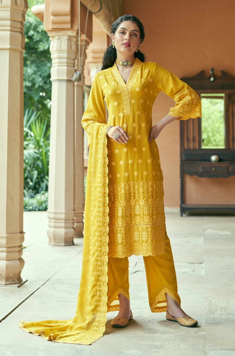 Mustard Georgette 3-Piece Kurta Set with Cotton Lining and Embroidered Charm