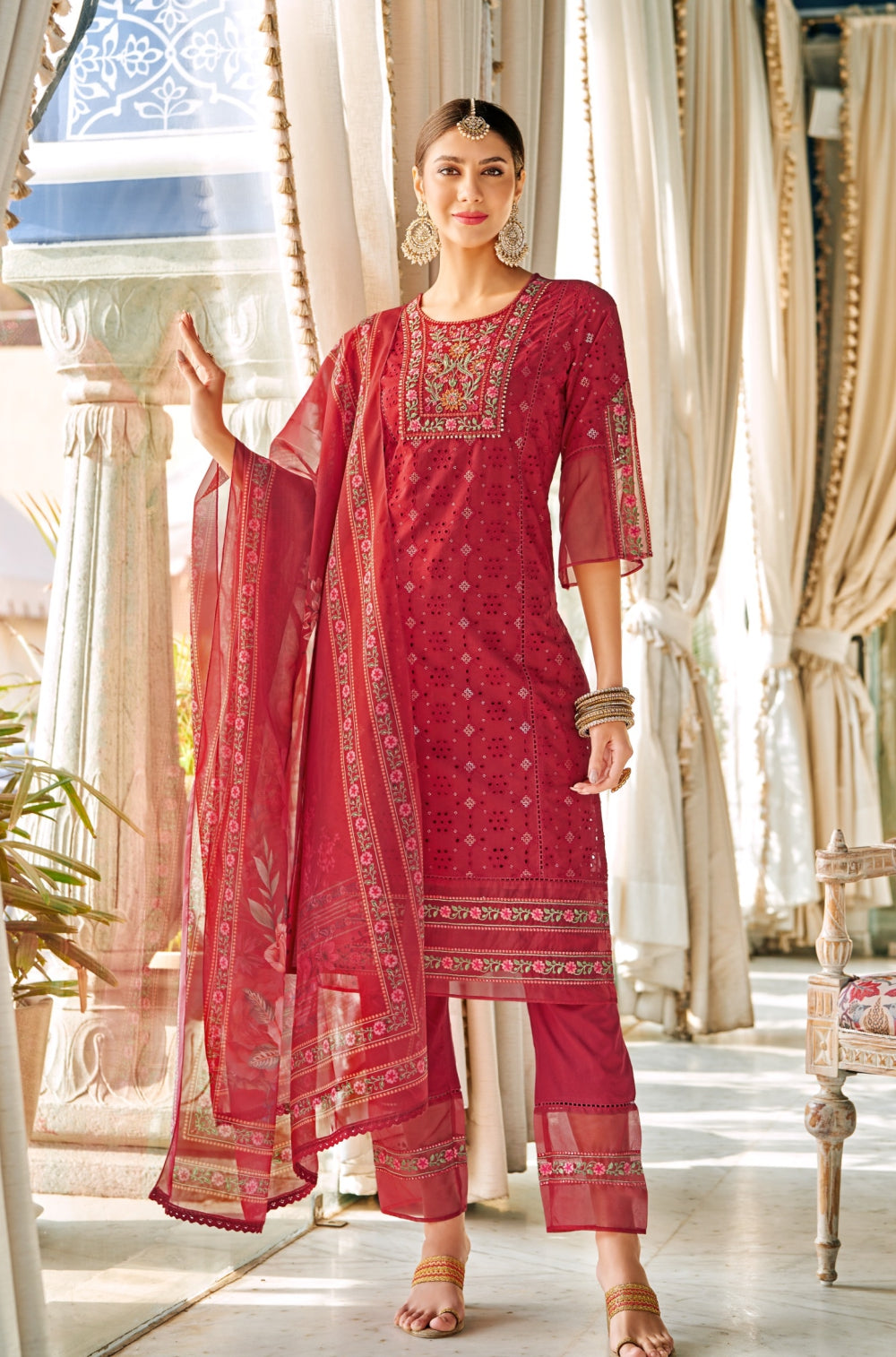 Maroon Chikankari 3-Piece Kurta Set with Luxe Cotton & Exquisite Embroidery