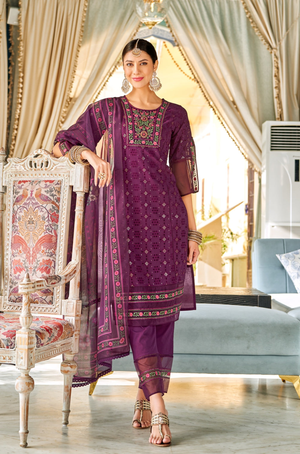 Wine Chikankari 3-Piece Kurta Set with Luxe Cotton & Exquisite Embroidery