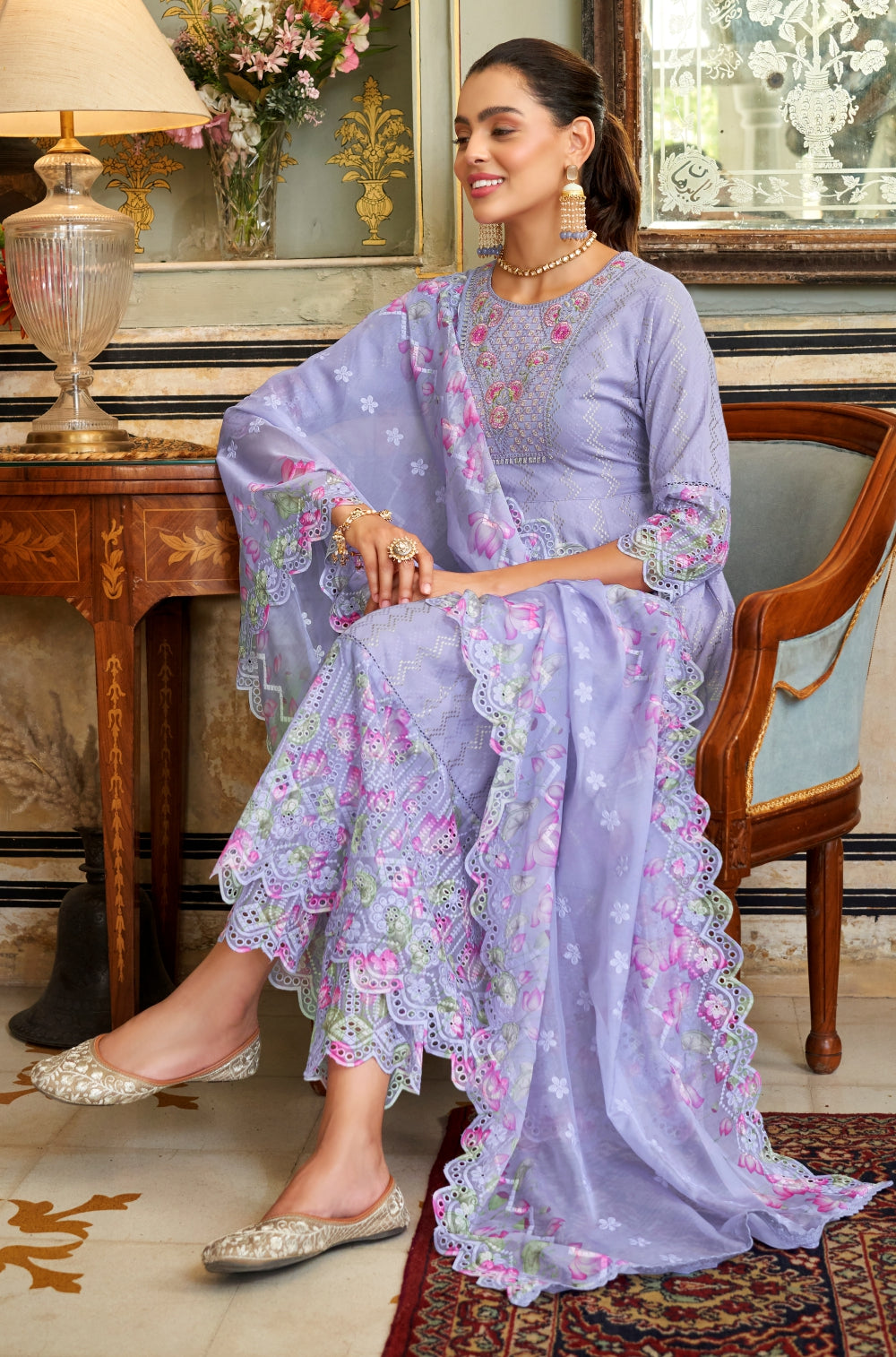 Lavender Anarkali Set with Dobby Lapet & Chikankari Flourish