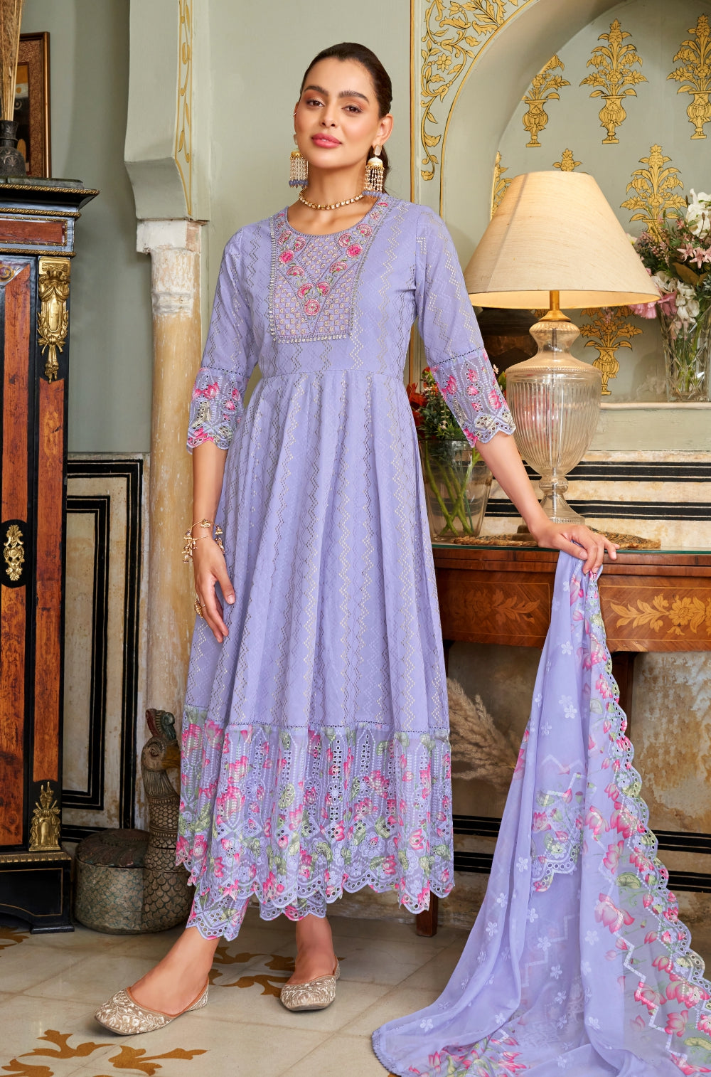 Lavender Anarkali Set with Dobby Lapet & Chikankari Flourish