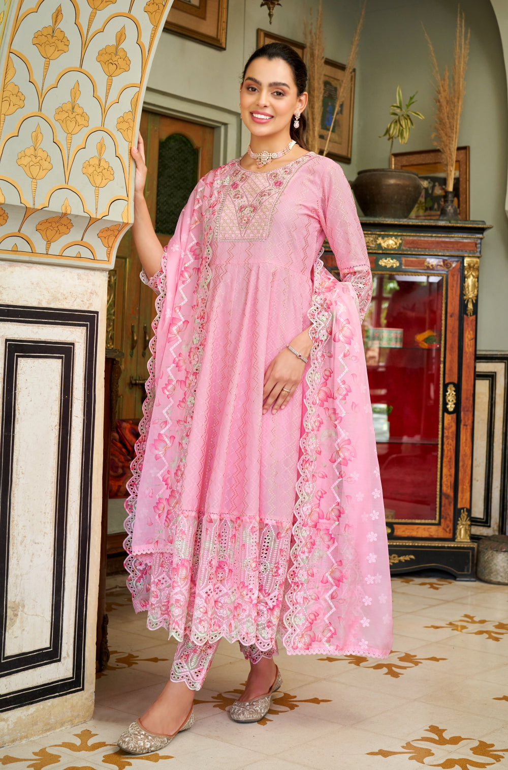 Cotton Dobby Anarkali Set with Chikankari Flair