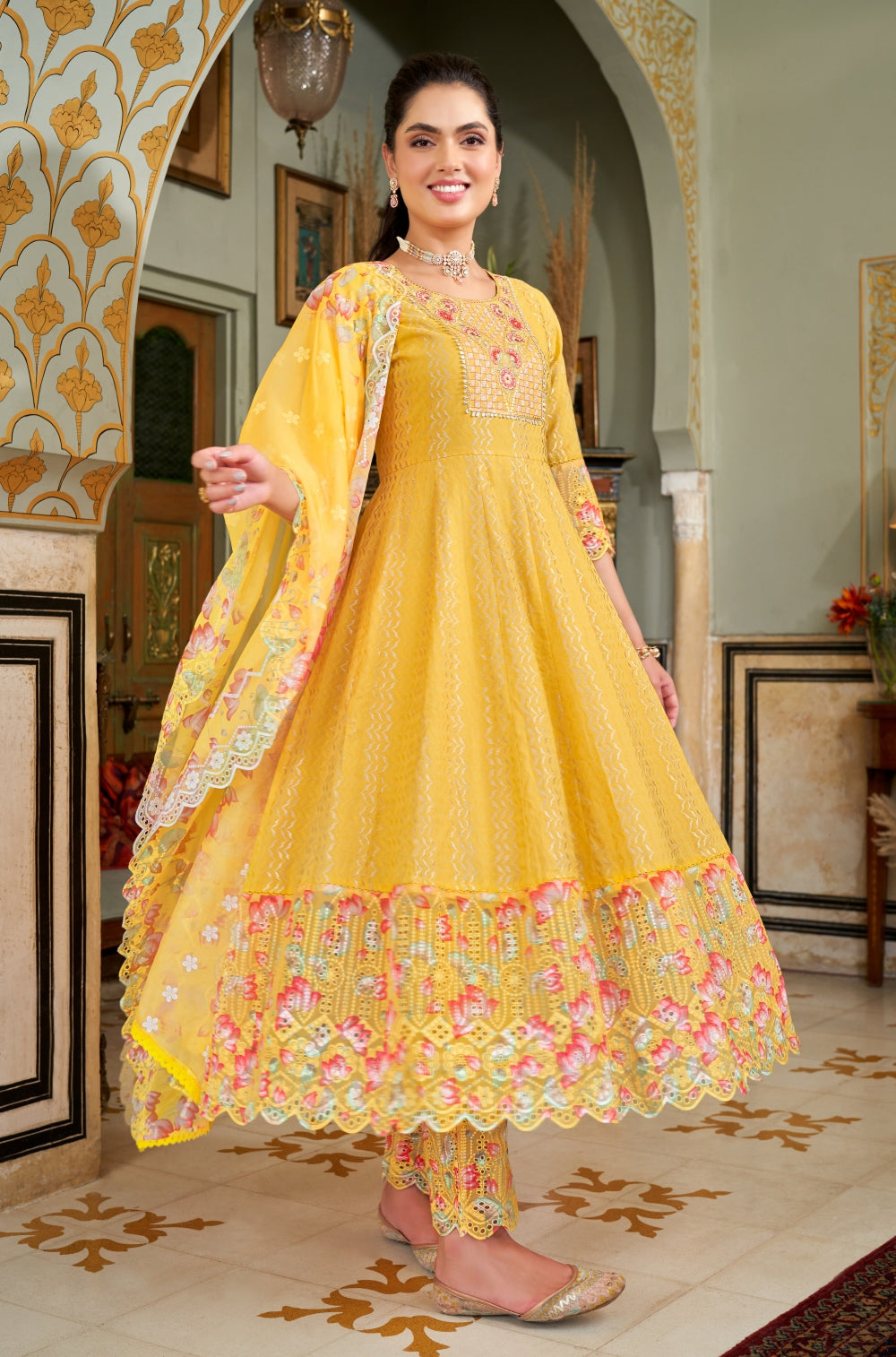 Mustard Yellow Anarkali Set with Organza Chikankari Dupatta