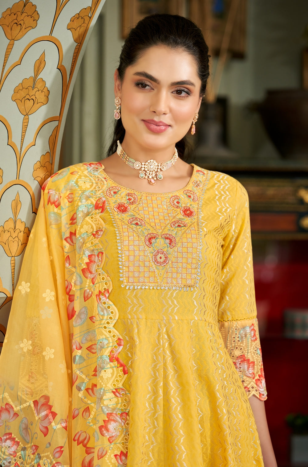 Mustard Yellow Anarkali Set with Organza Chikankari Dupatta