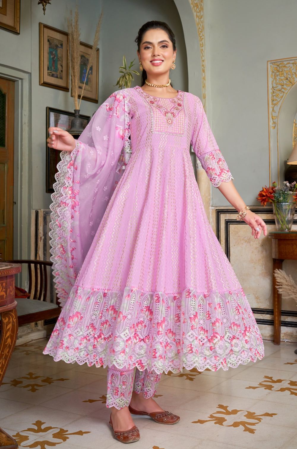 Pink Lavender Chikankari Embroidered 3 pcs Anarkali Set with Organza Dupatta