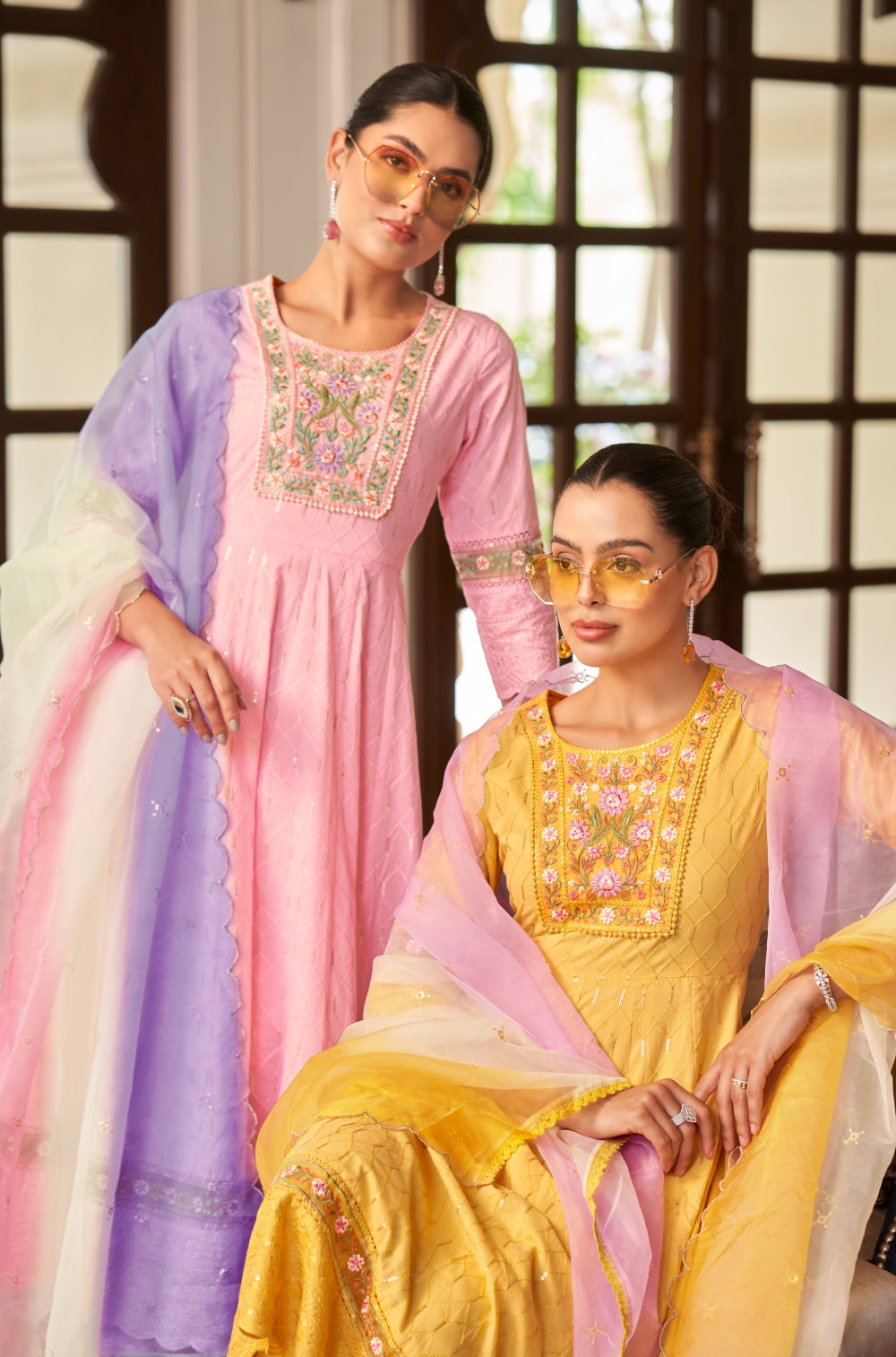 Mustard Cotton Chikankari Anarkali Set with Ombre Dupatta