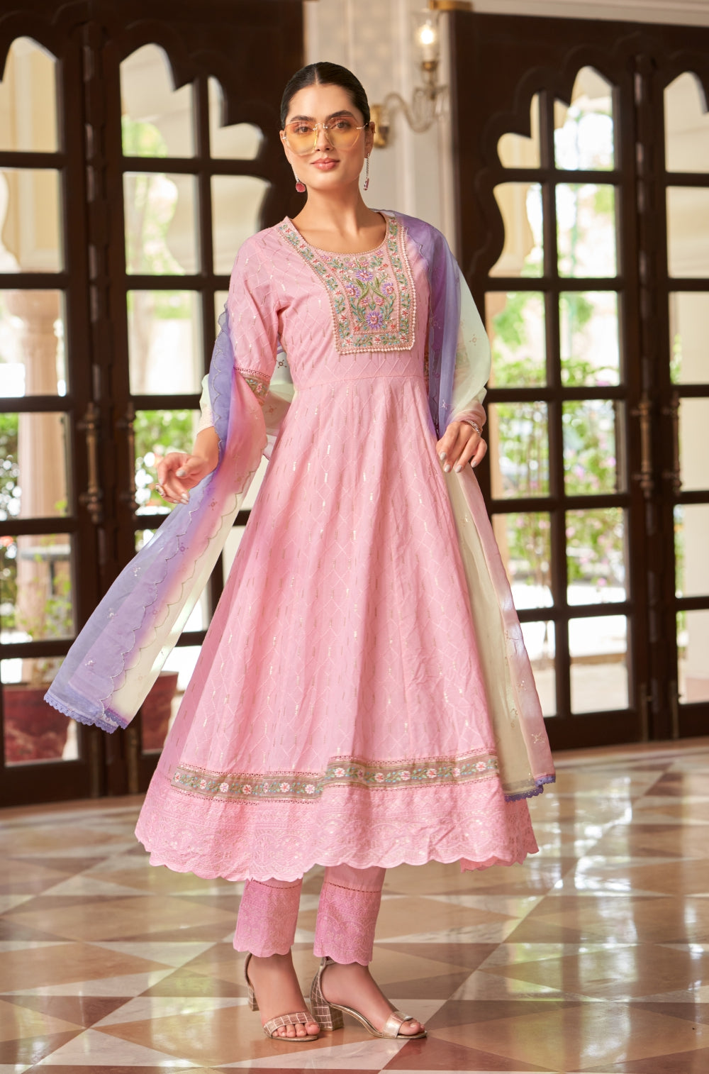 Pink Anarkali with Ombre Dupatta and Embroidered Yoke,3 pcs set