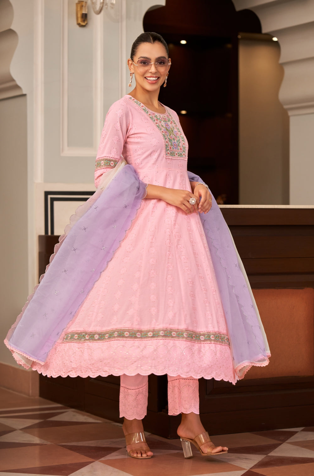 3-Piece Pink Chikankari Anarkali Set with Embroidered Dupatta