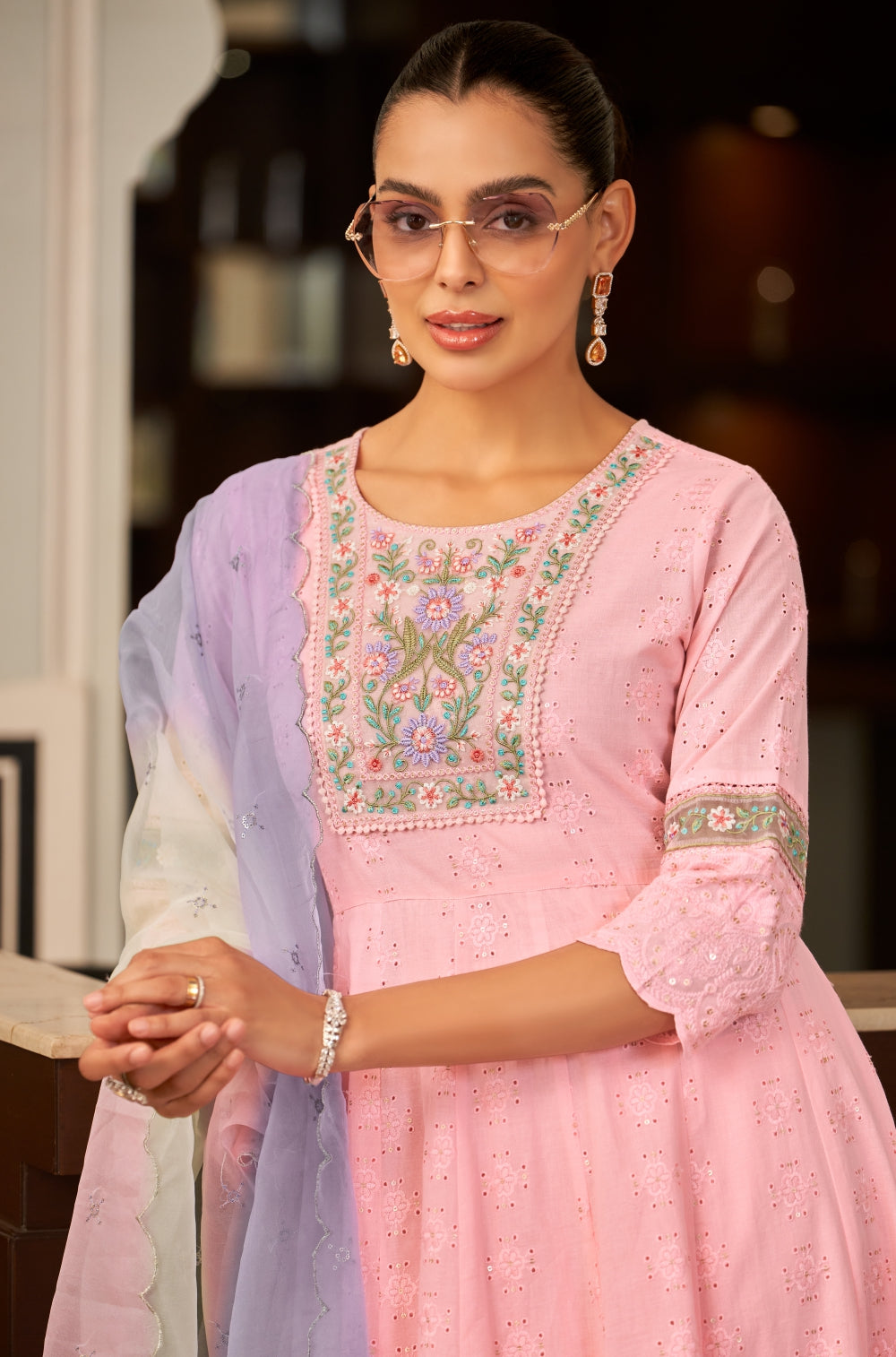 3-Piece Pink Chikankari Anarkali Set with Embroidered Dupatta