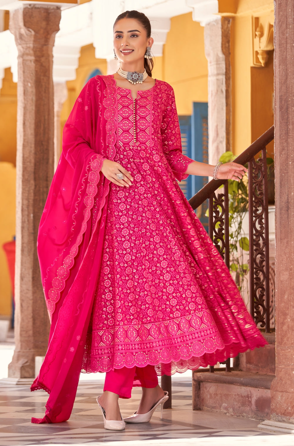 Georgette Anarkali Set with Handcrafted Chikankari & Sequins