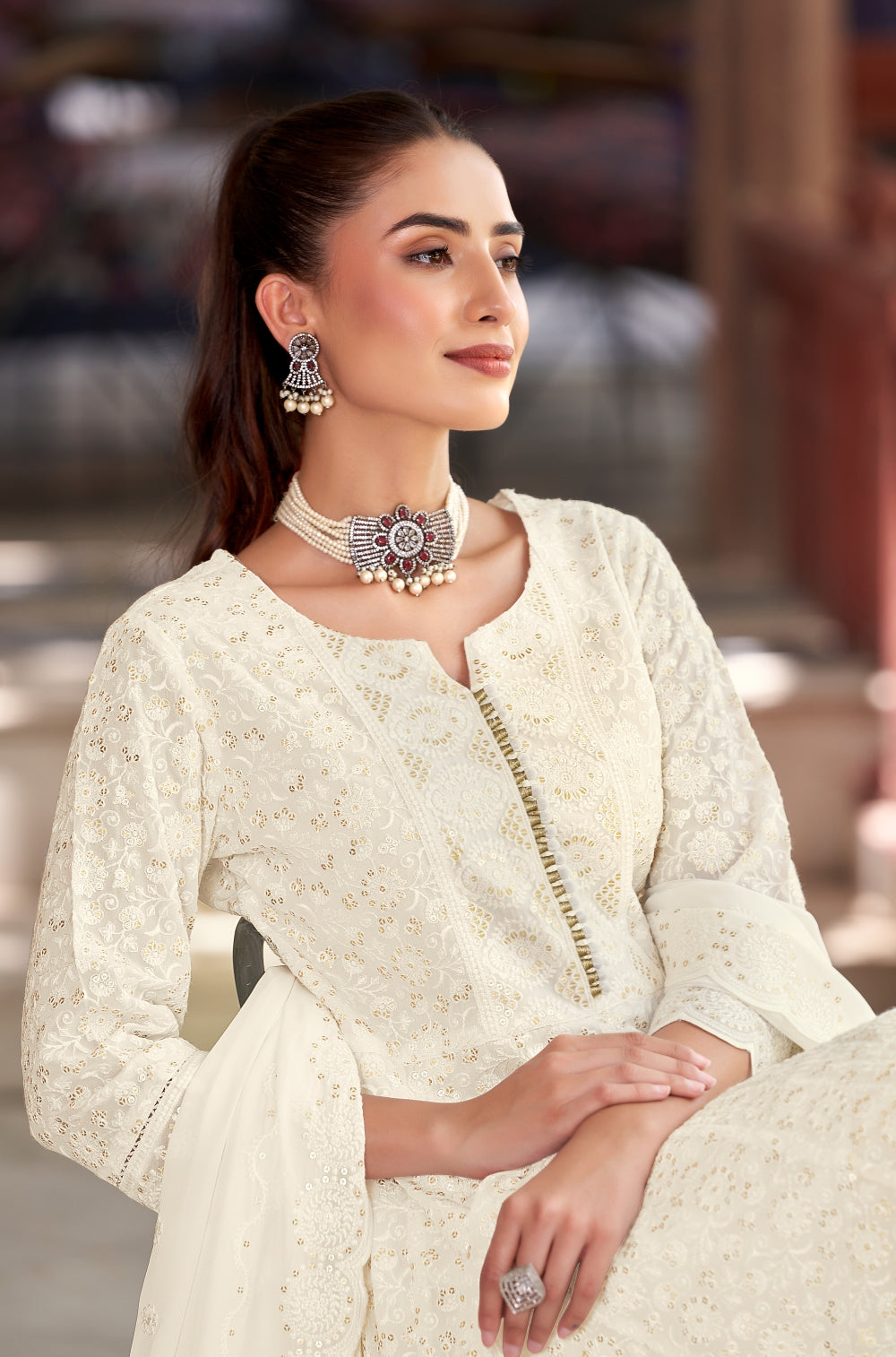 Off-White Chikankari Anarkali 3-Piece Set with Sequined Charm