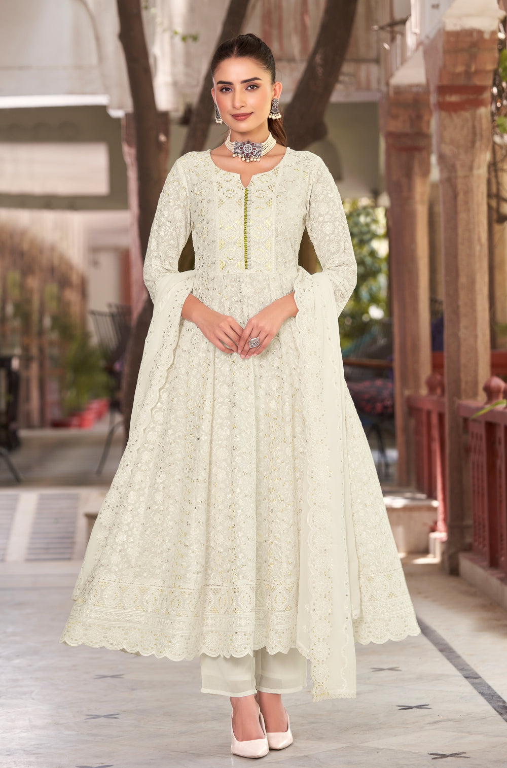 Off-White Chikankari Anarkali 3-Piece Set with Sequined Charm