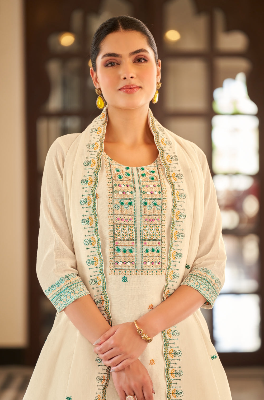 Off-White Embroidered 3-Piece Kurta Set with Afghani Shalwar & Hand-Embroidered Charm