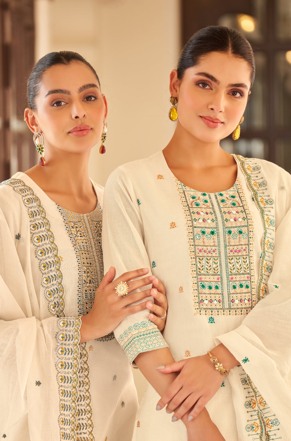 Off-White Embroidered 3-Piece Kurta Set with Afghani Shalwar & Hand-Embroidered Charm