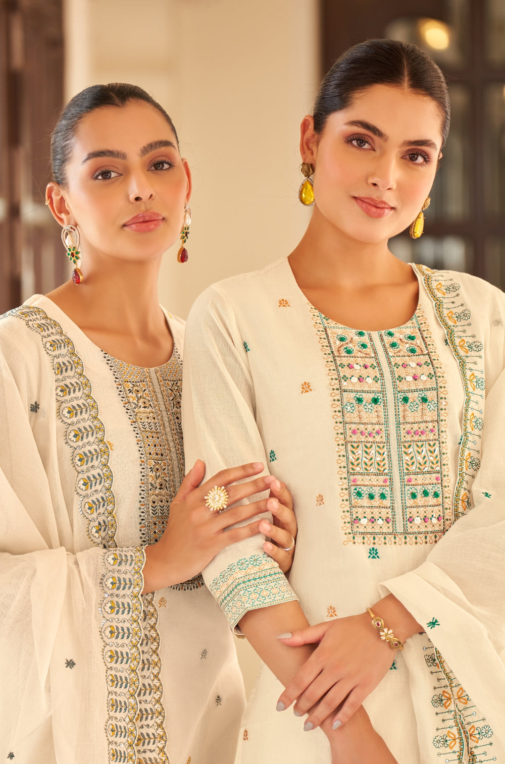 Off-White Embroidered 3-Piece Kurta Set with Afghani Shalwar & Hand-Embroidered Charm