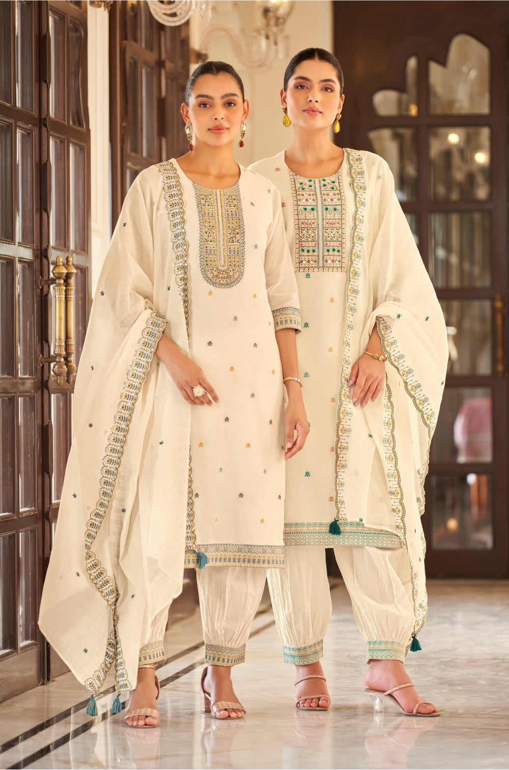 Off-White Embroidered 3-Piece Kurta Set with Afghani Shalwar & Hand-Embroidered Charm