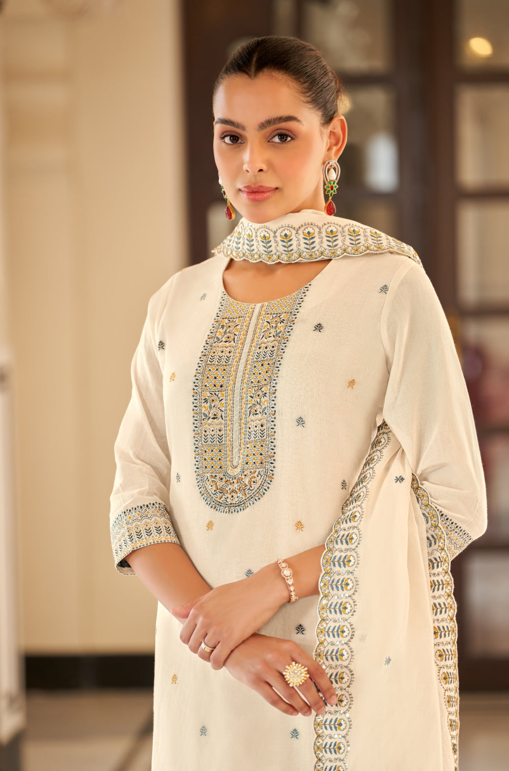 Off-White Embroidered 3-Piece Kurta Set with Afghani Shalwar & Hand-Embroidered Charm