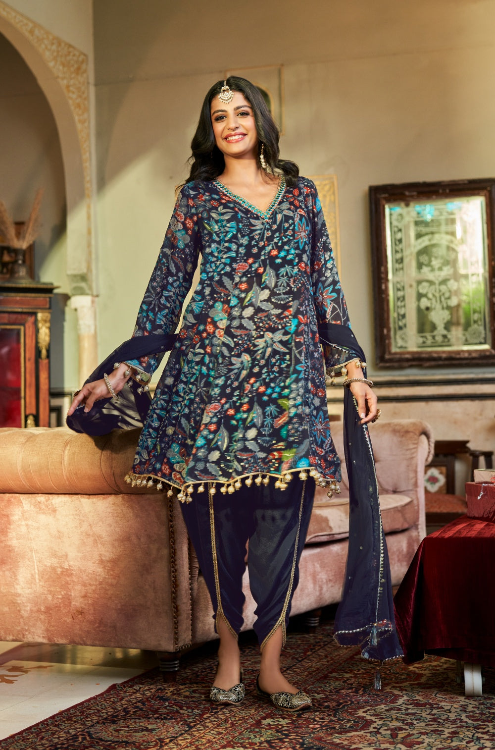 Teal blue Short top with Tulip pants and dupatta