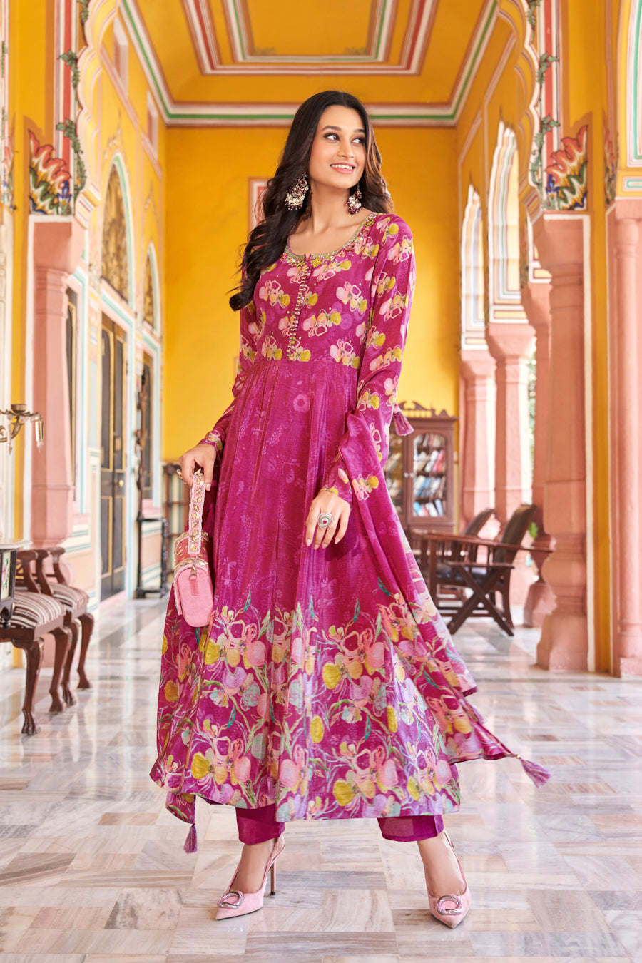 Lovely Lilac Anarkali Pure Viscose Crape Silk 3 Pc set,intricate Real mirror handwork on neckline and yoke