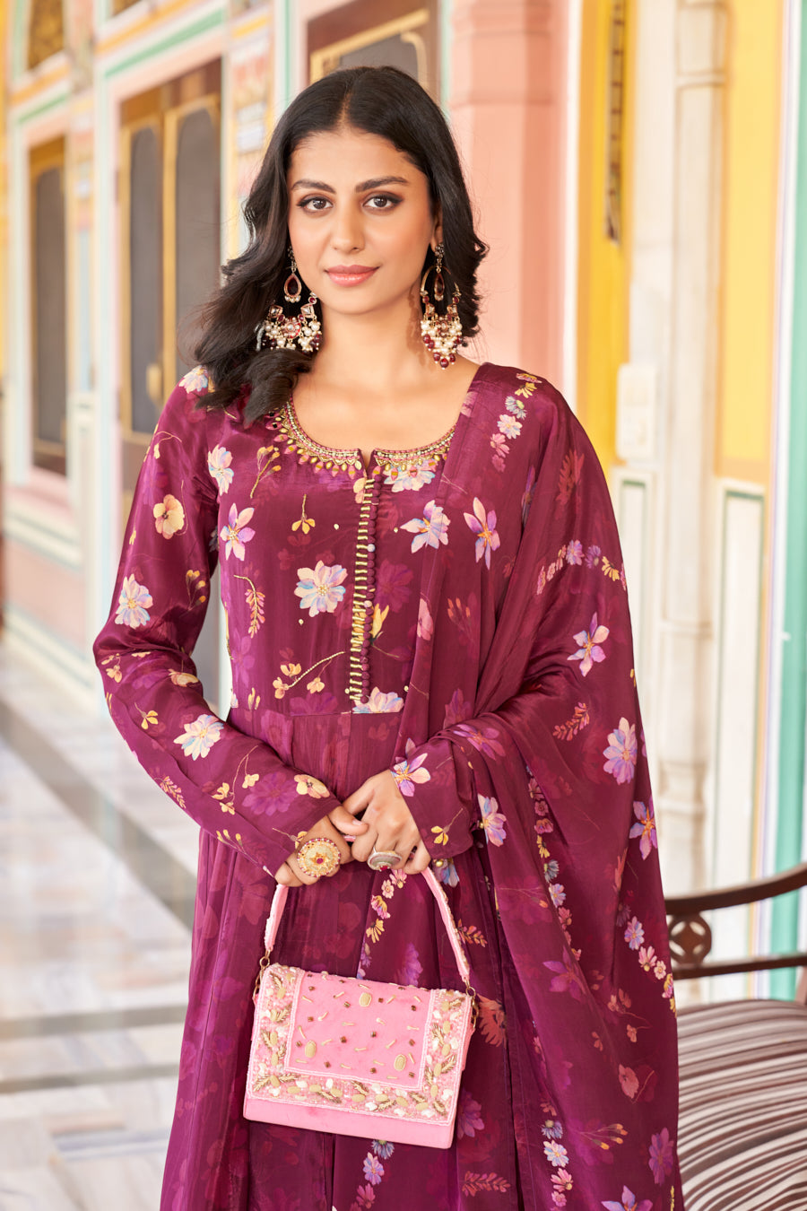 Wine Anarkali 3 Pcs set ,Pure Viscose Crape silk Digital Print,Lovely real mirror handwork on neckline and yoke