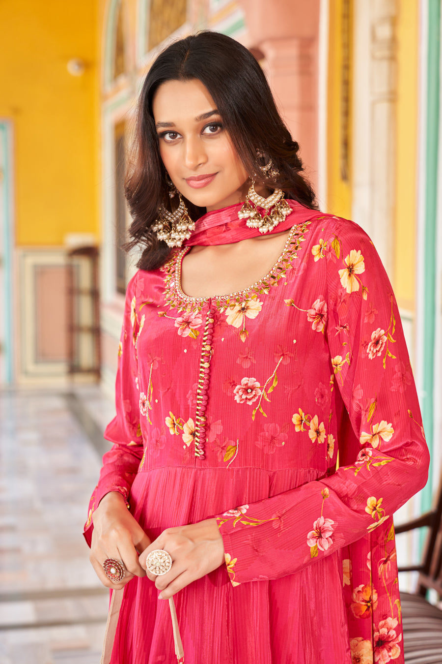 Coral digital print Anarkali Suit- 3 Pc ,Pure viscose crape silk ,exquisite Real Mirror handwork on neckline and yoke