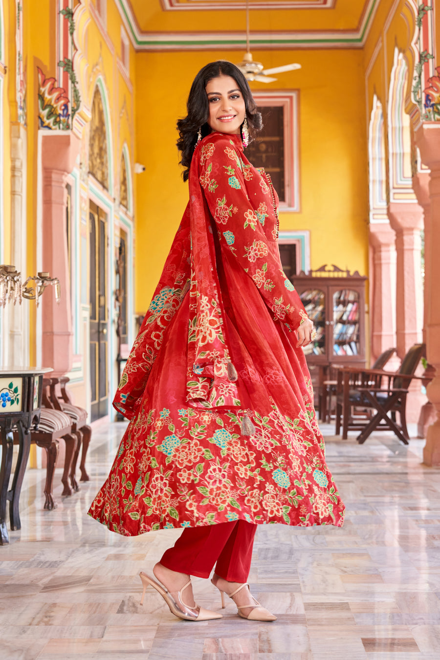 Ruby Red Pure Viscose Silk Anarkali 3 pcs suit,Exclusive real Mirror handwork with cut dana on neckline