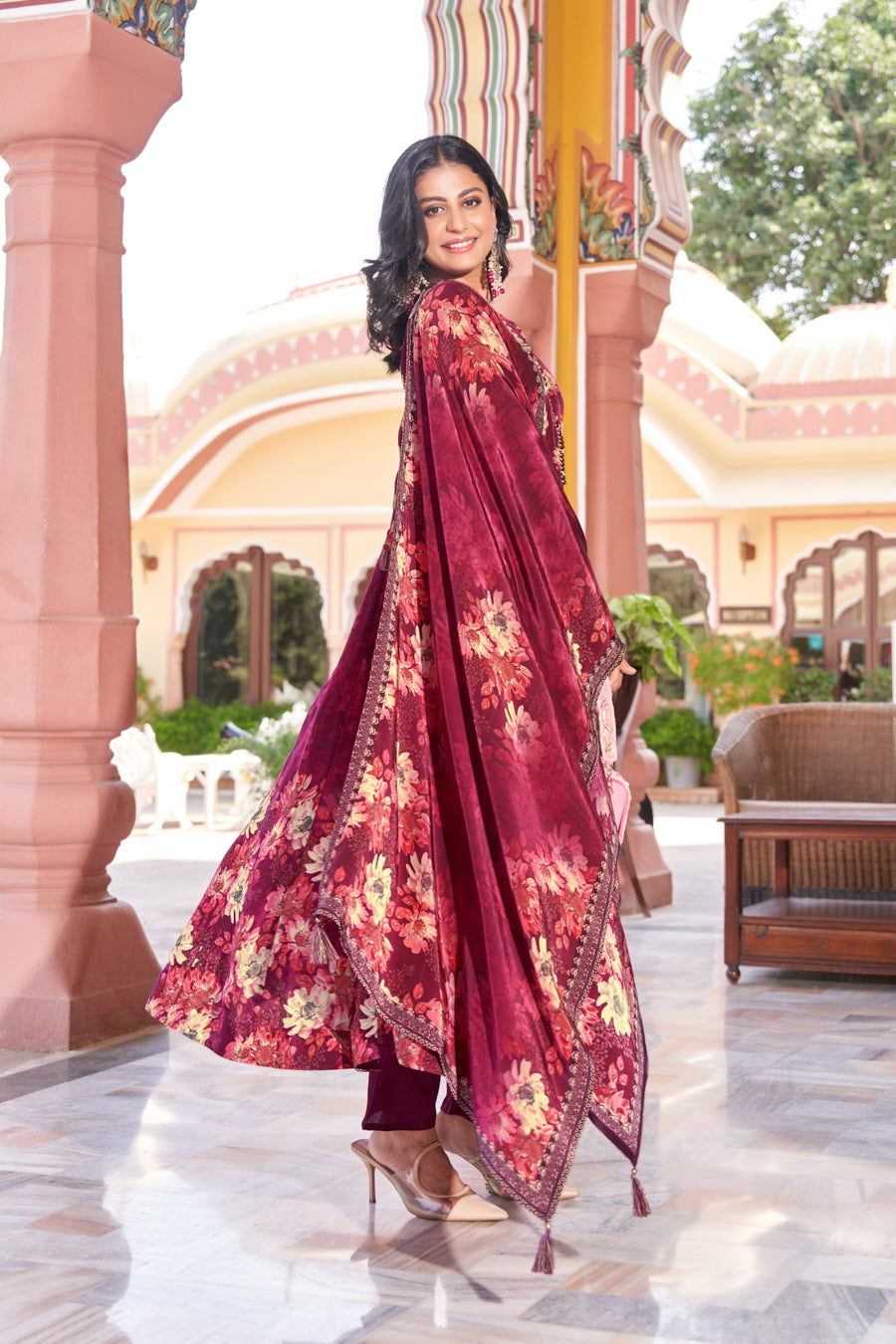 Wine Splash , Exquisite Digital Printed Anarkali 3 pcs set with Intricate Real Mirror Handwork on Neckline