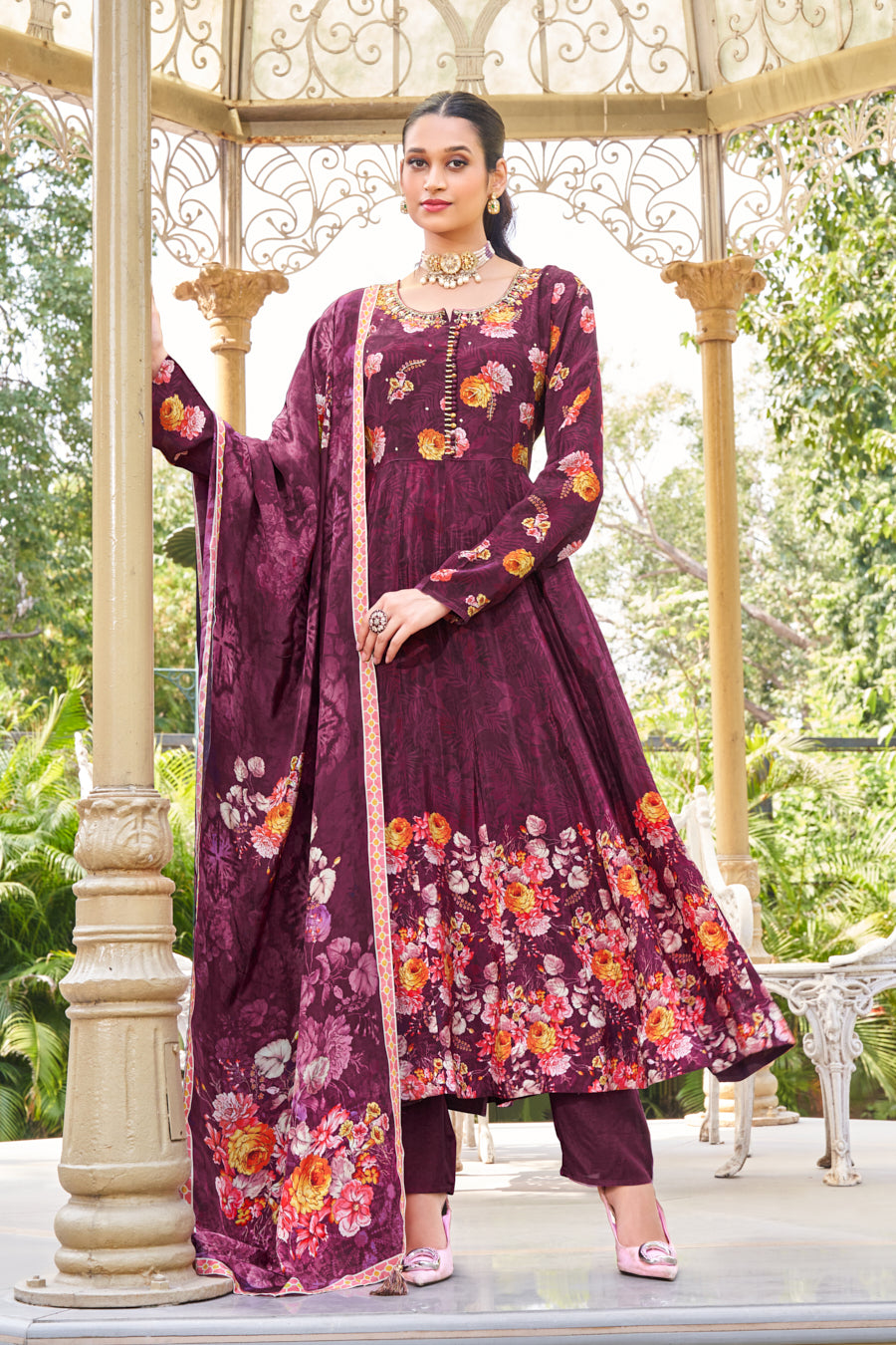 Purple Majesty 3 pcs pure viscose crape silk digital print Anarkali ,beautiful Real cut dana ,real mirror handwork