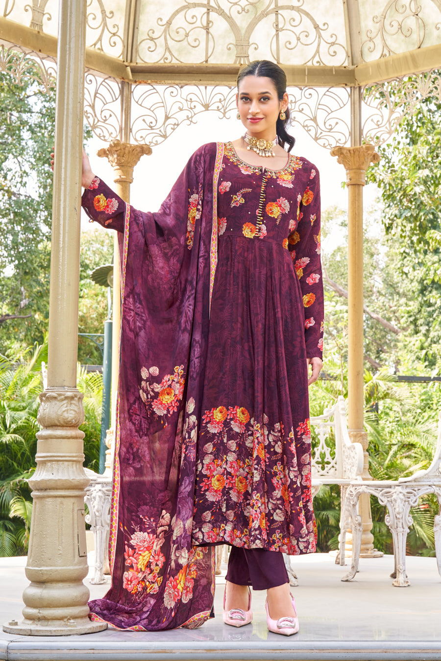 Purple Majesty 3 pcs pure viscose crape silk digital print Anarkali ,beautiful Real cut dana ,real mirror handwork