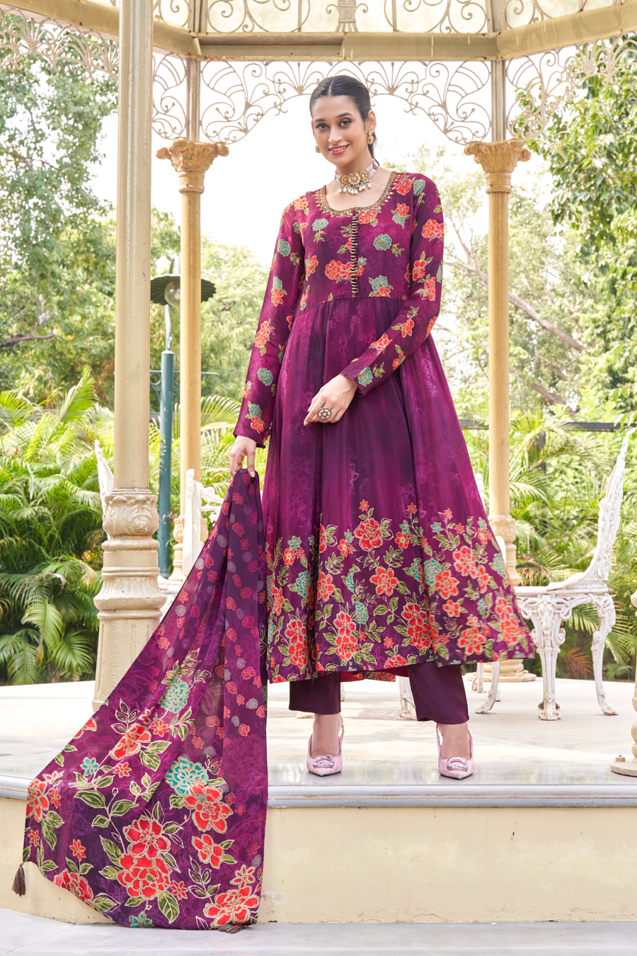 Purple digital print pure viscose crape silk anarkali 3 pcs set,Beautiful Real Mirror work on neckline and yoke