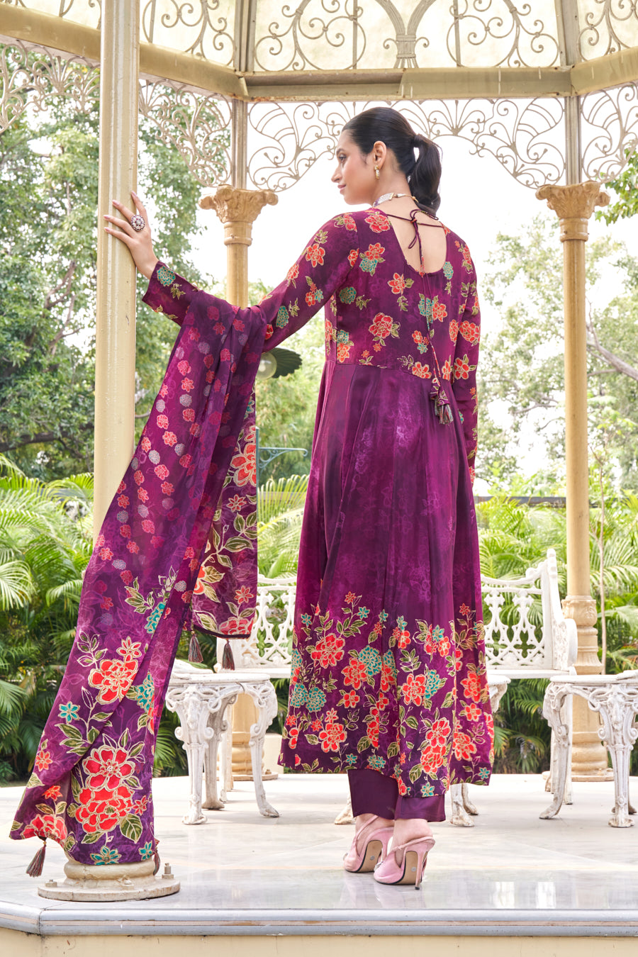 Purple digital print pure viscose crape silk anarkali 3 pcs set,Beautiful Real Mirror work on neckline and yoke