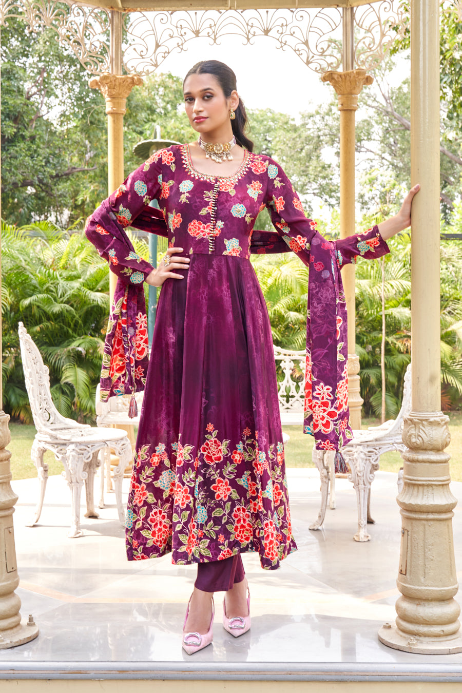 Purple digital print pure viscose crape silk anarkali 3 pcs set,Beautiful Real Mirror work on neckline and yoke