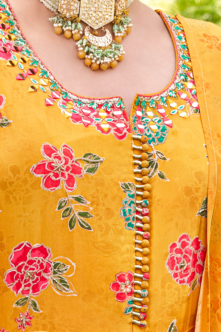 Gold Mustard Anarkali 3 Pc Set,Pure Viscose Crape Silk digital print,Intricate handwork on neckline and yoke