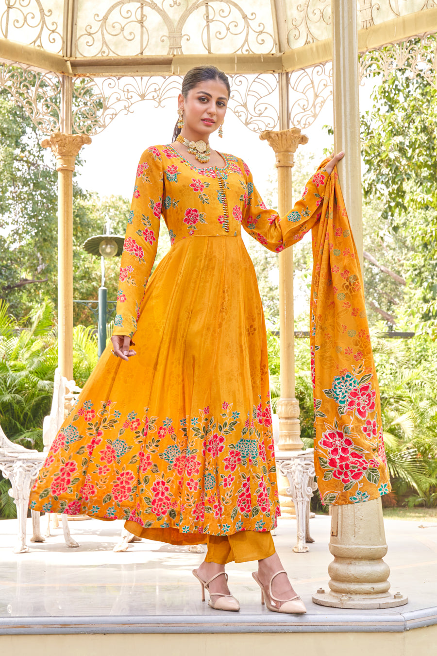 Gold Mustard Anarkali 3 Pc Set,Pure Viscose Crape Silk digital print,Intricate handwork on neckline and yoke