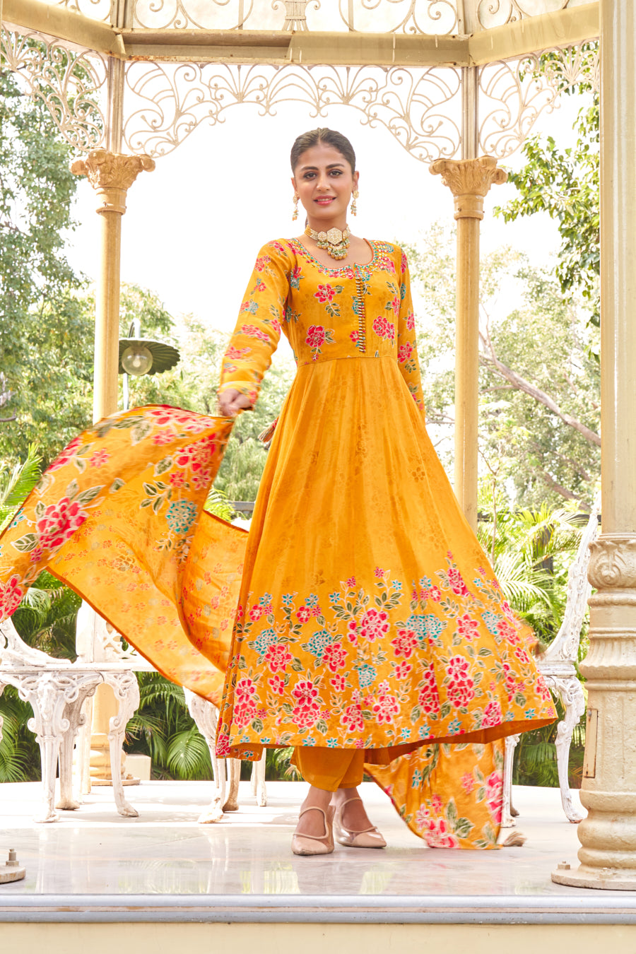 Gold Mustard Anarkali 3 Pc Set,Pure Viscose Crape Silk digital print,Intricate handwork on neckline and yoke