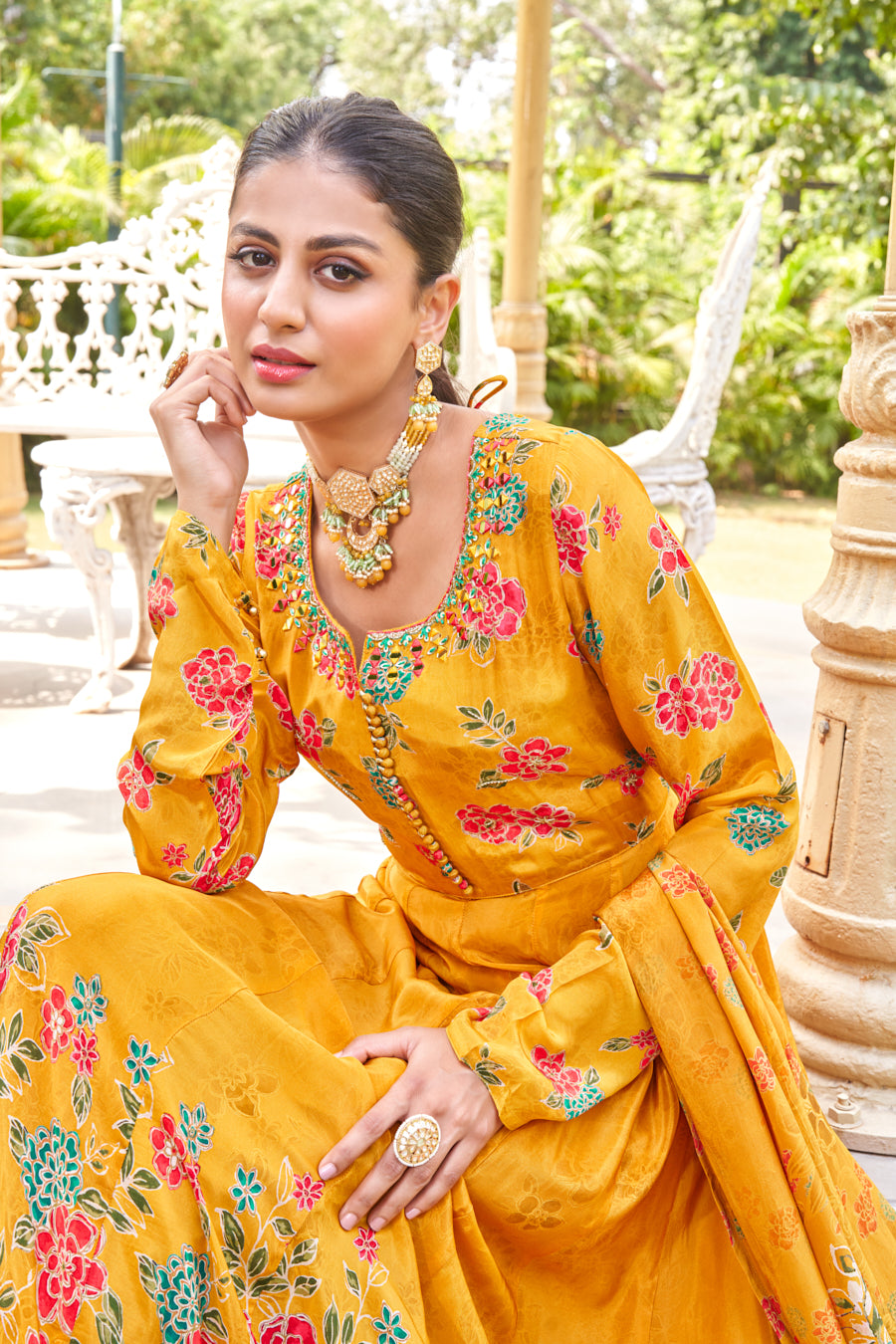 Gold Mustard Anarkali 3 Pc Set,Pure Viscose Crape Silk digital print,Intricate handwork on neckline and yoke