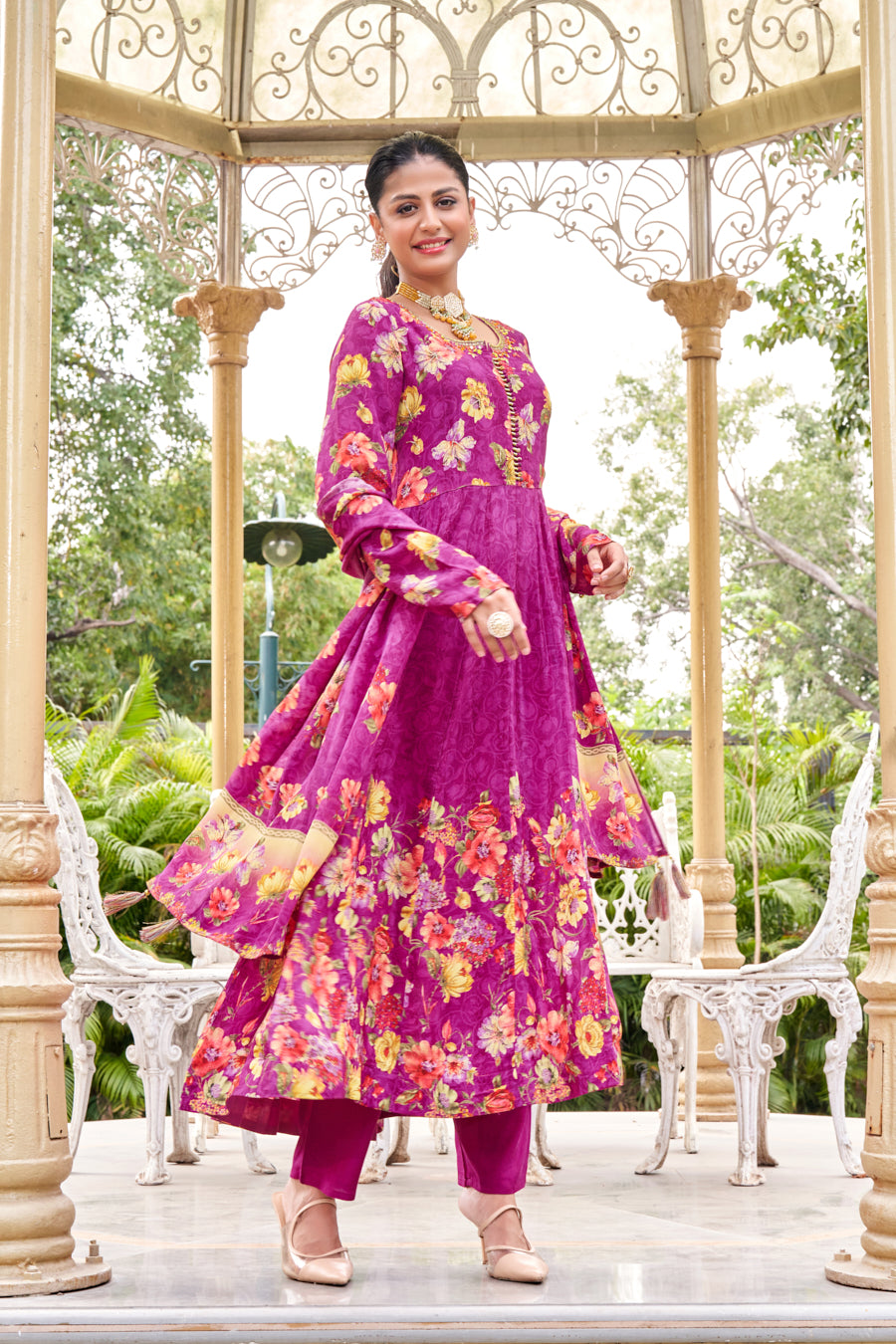 Lavender Digital Print Anarkali Crape Silk 3 pcs Set,Real Mirror Handwork on neckline and yoke