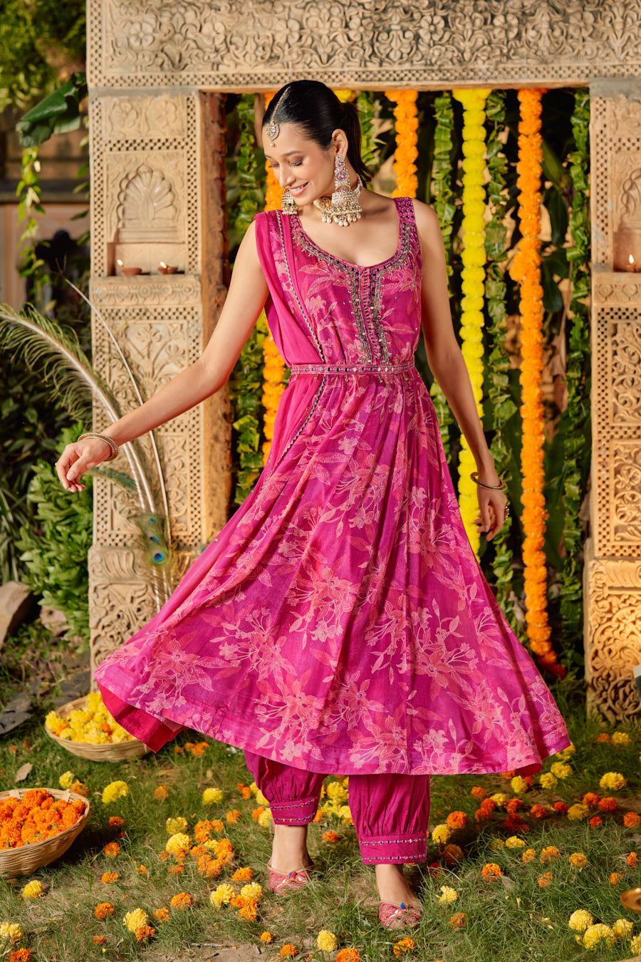 Fuchsia Rani Pure Chinnon Digital Printed Anarkali 3 pcs set With Beautiful Real Mirror Hand Work