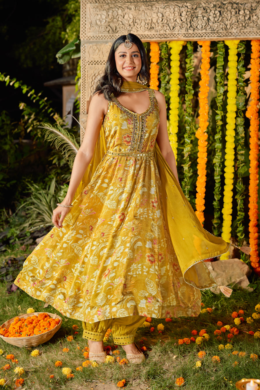 Mustard Pure Chinnon Digital Printed Anarkali 3 pcs set With Beautiful Real Mirror Hand Work