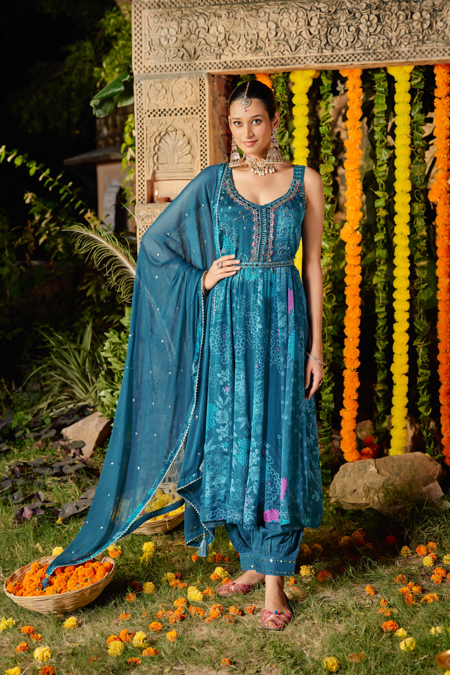 Teal Blue Pure Chinnon Digital Printed Anarkali 3 pcs set With Beautiful Real Mirror Hand Work