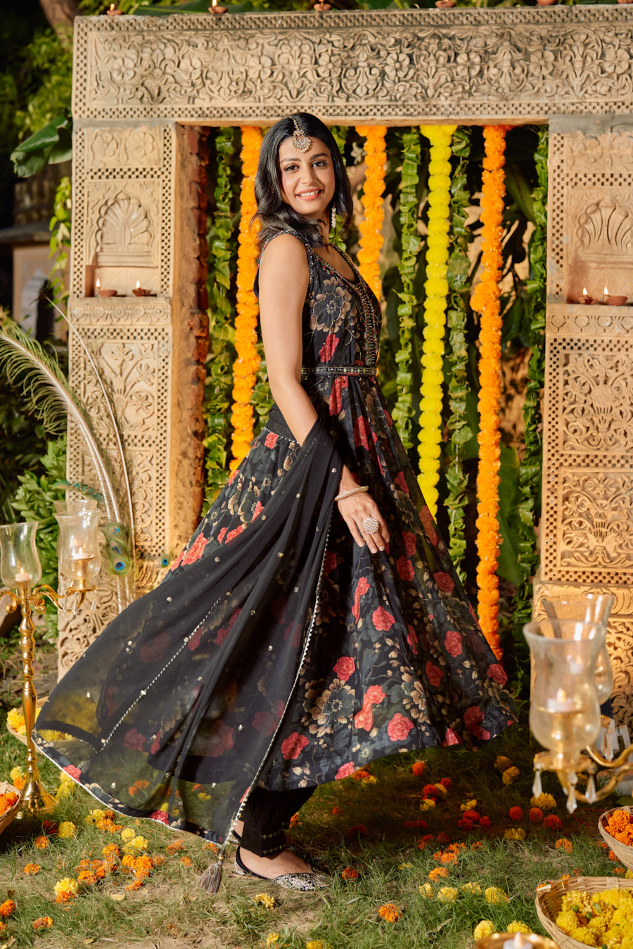 Black Pure Chinnon Digital Printed Anarkali 3 pcs set With Beautiful Real Mirror Hand Work