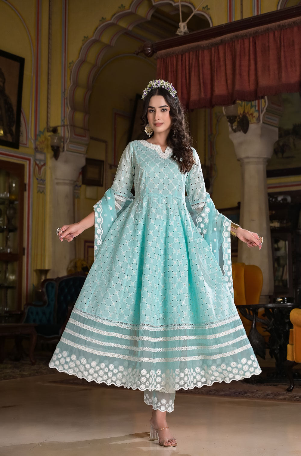 Pastel Chikankari Anarkali Set in Sea Green Cotton