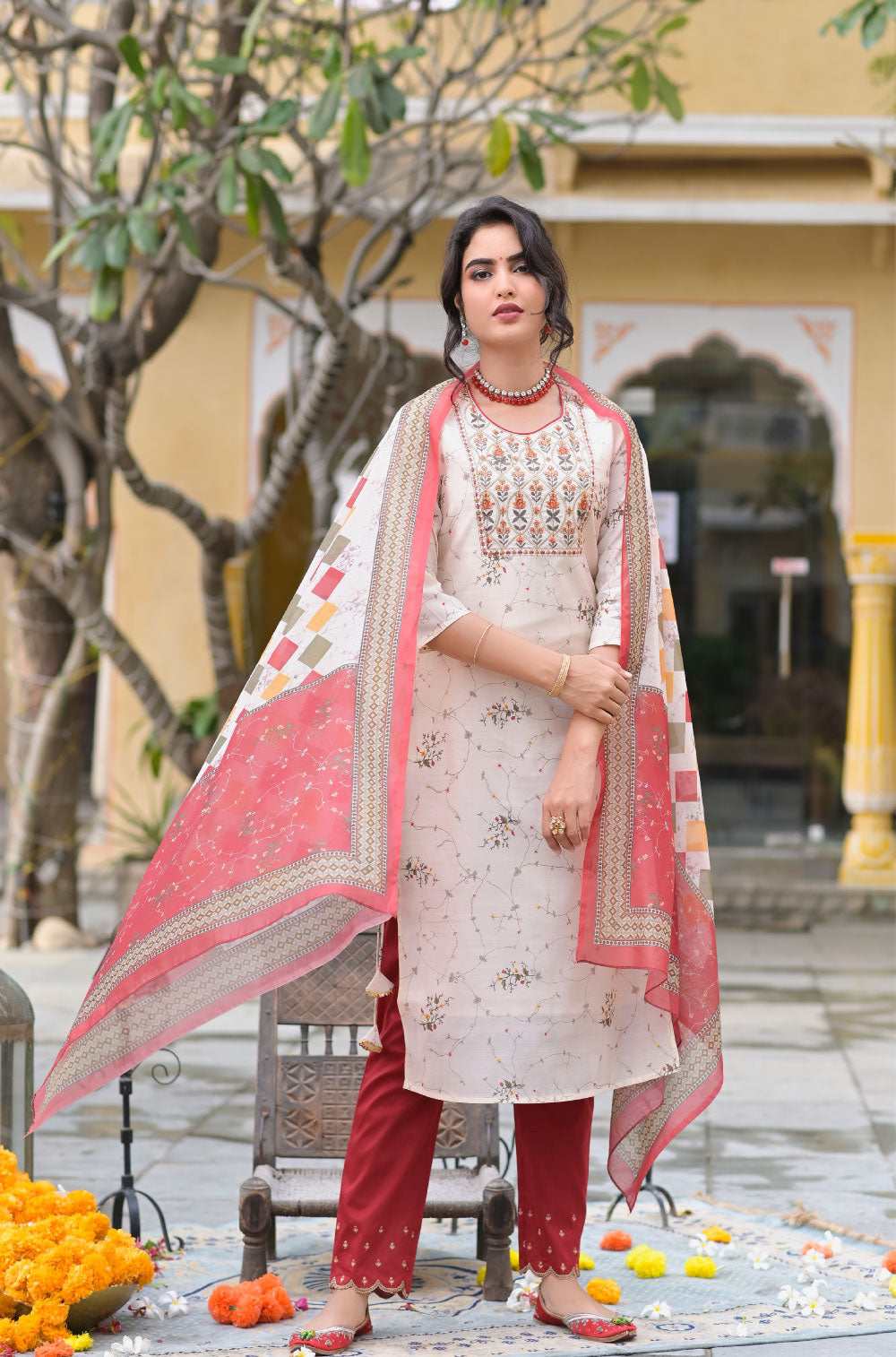 Cream Silk Blend 3-Piece Kurta Set with Embroidered Yoke Tassels & Dupatta