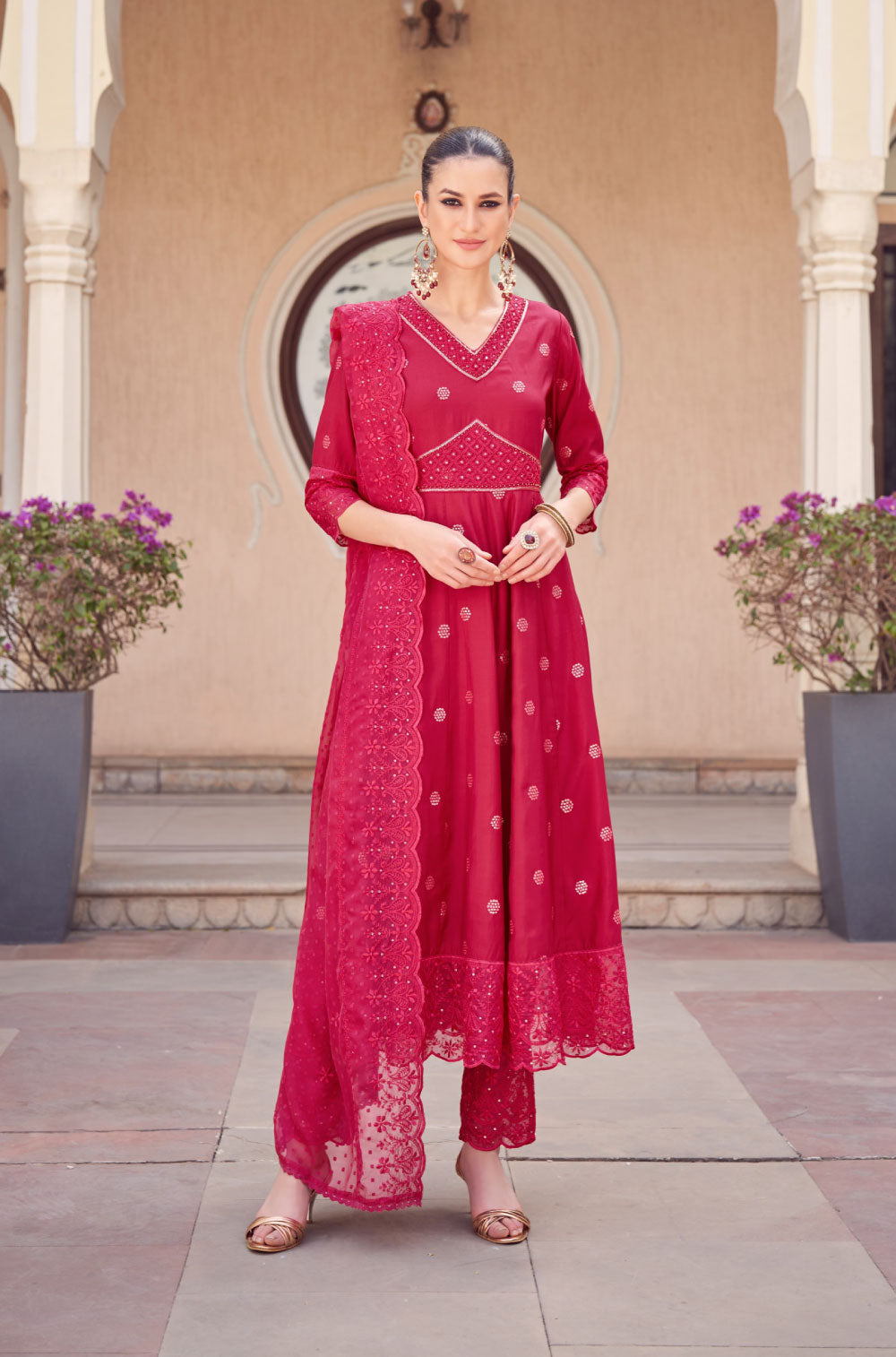 Anarkali Set in Fuchsia Pink with Organza Embroidered Dupatta